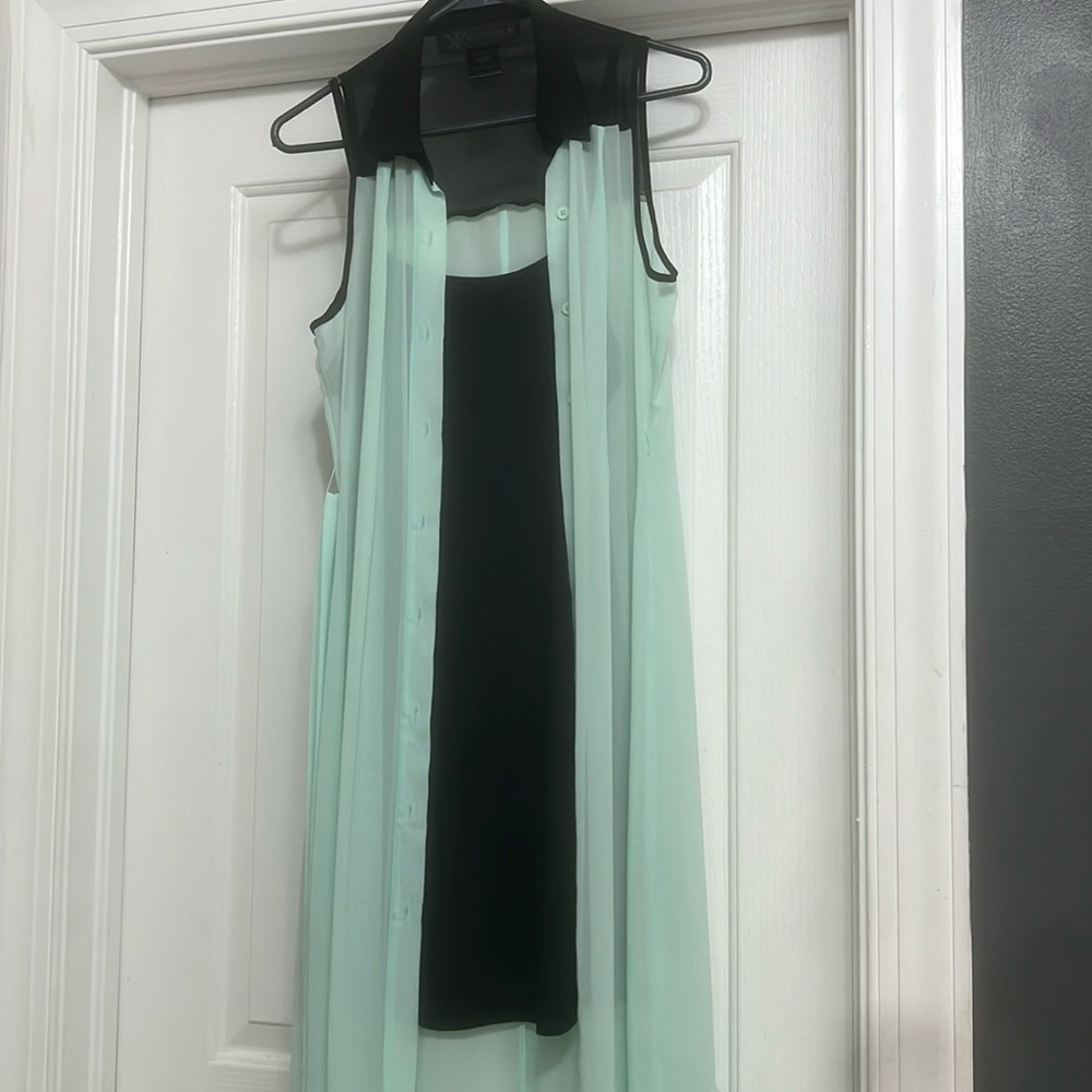 Cute Kardashain collection black dress with lime green button down with belt